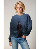 The Druig Sweatshirt in deep ocean blue showcases the powerful Eternal hero standing tall amidst the storm