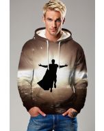 Brown Heroic Silhouette Pullover Hoodie – Dynamic Sky Scene