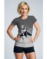 Gray & White Spider‑Gwen Graphic T‑Shirt – Dynamic Heroine Design