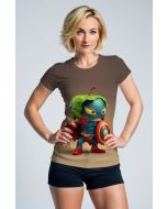 Khaki Tee – Cartoon Apple Hero with Shield and Leaf Helmet