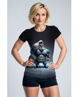 Navy Blue Tee – Cartoon Strongman Hero in Gradient Design