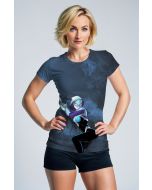 Dark Blue Tee – Stylized Spider Girl Hero on Clouded Background