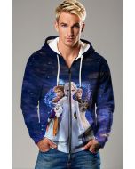 Dark Blue Frozen Characters Graphic Zip‑Up Hoodie