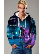 Dark Blue Iron Man Neon City Graphic Zip‑Up Hoodie