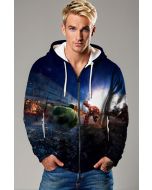 Dark Blue Hulk vs Iron Man Hulkbuster Battle Graphic Zip‑Up Hoodie