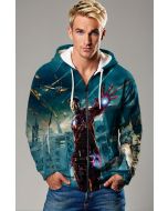 Teal Iron Man Battle Scene Zip‑Up Hoodie