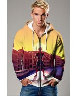 Sunset City Hero Graphic Apparel – Golden Yellow Zip‑Up Hoodie