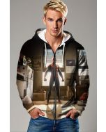 Dark Brown & Black Spider‑Man Room Scene Zip‑Up Hoodie – Layered Hero Style
