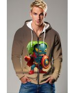 Khaki Zip Hoodie – Leafy Superhero with Apple & Cartoon Shield