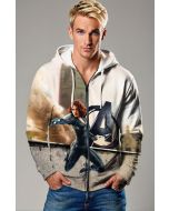 White & Grey Zip Hoodie with Black Widow Strike Pose – Hero Motion Design