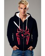 Web Noir Zip Hoodie – Black Zip-Up with Red Spider Emblem & Hero Pose