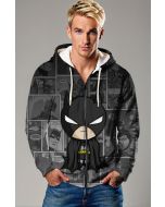 Micro Bat Zip-Up Hoodie – Black Full-Zip with Comic Background & Mini Hero