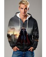Fortress Flame Zip Hoodie – Gray Gradient with Red Cape Warrior Print