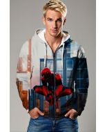 Spider-Man City Skyline Gray & Red Marvel Design Full-Zip Hoodie