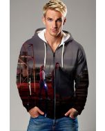 Dark Gray Zip-up Hoodie with Superhero Characters Print