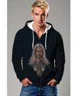 The Thena Zip-Up Hoodie in beige offers a practical design with a bold image of Thena in her