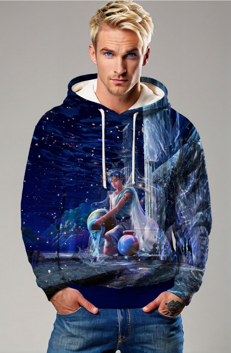 Aquarius Ganymedes Unisex Hoodies with Anime Style and Starlight Design in Deep Blue