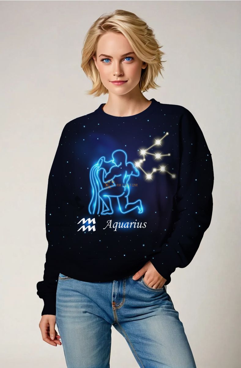 Aquarius Constellation Art Blue Unisex Sweatshirt with Uranus Symbol