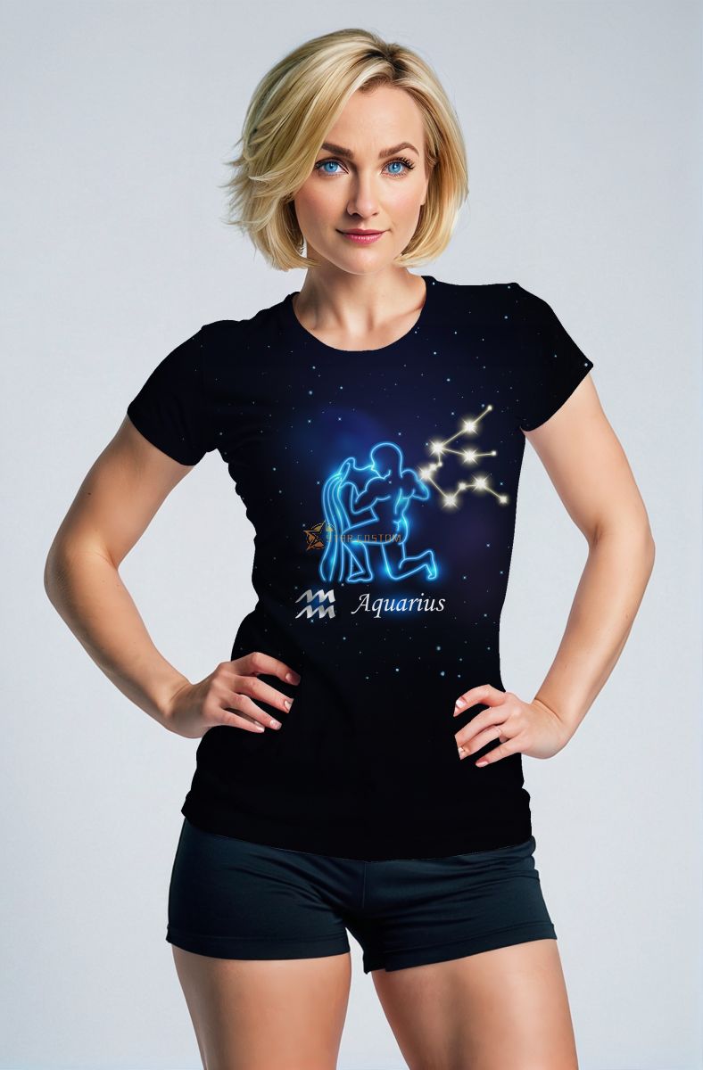 Aquarius Constellation Art T-Shirts in Blue Unisex Design Featuring Uranus and Aquarius Symbol