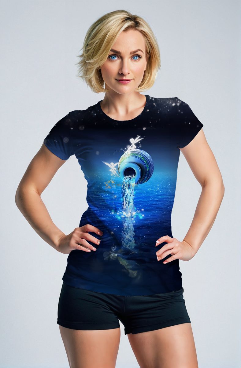 Aquarius Unisex T-Shirts with Sky Blue Lake and Flying Fairy Design