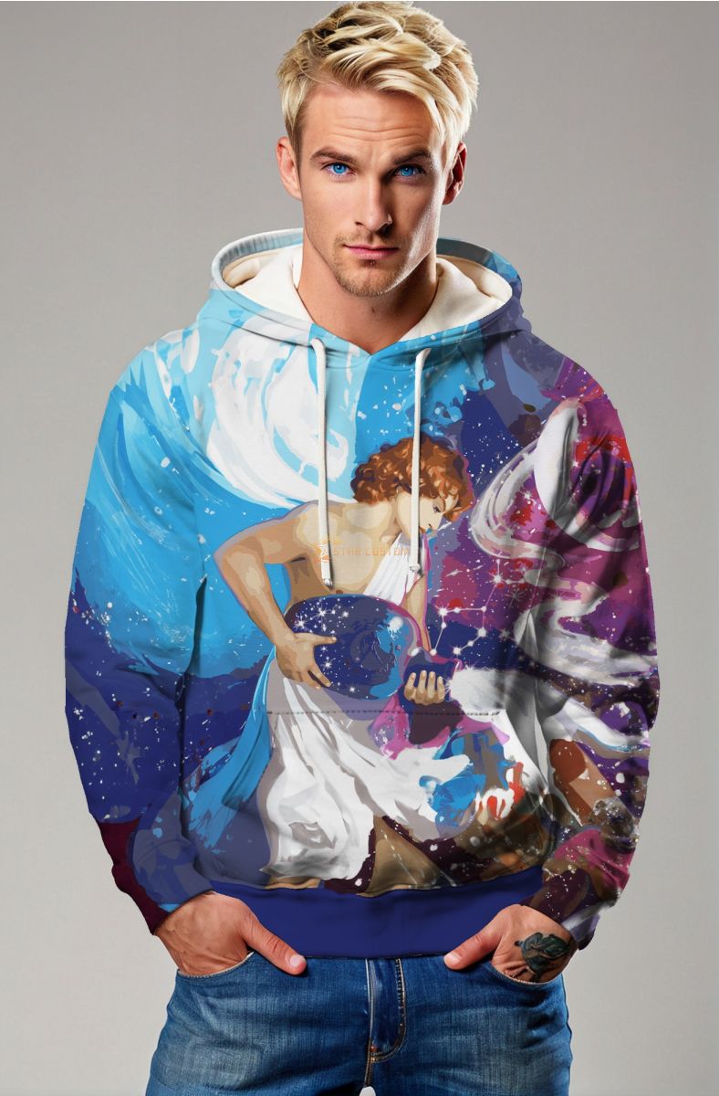 Elegant Aquarius Constellation Hoodie in Serene Blue