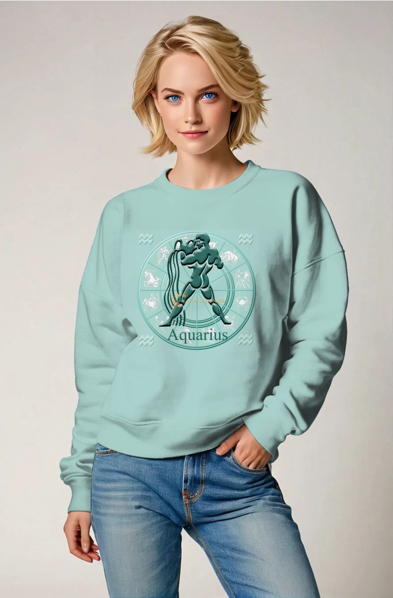 Unisex Aquarius Zodiac Wheel Sweatshirts with Green Prometheus Glyph on Light Green Background