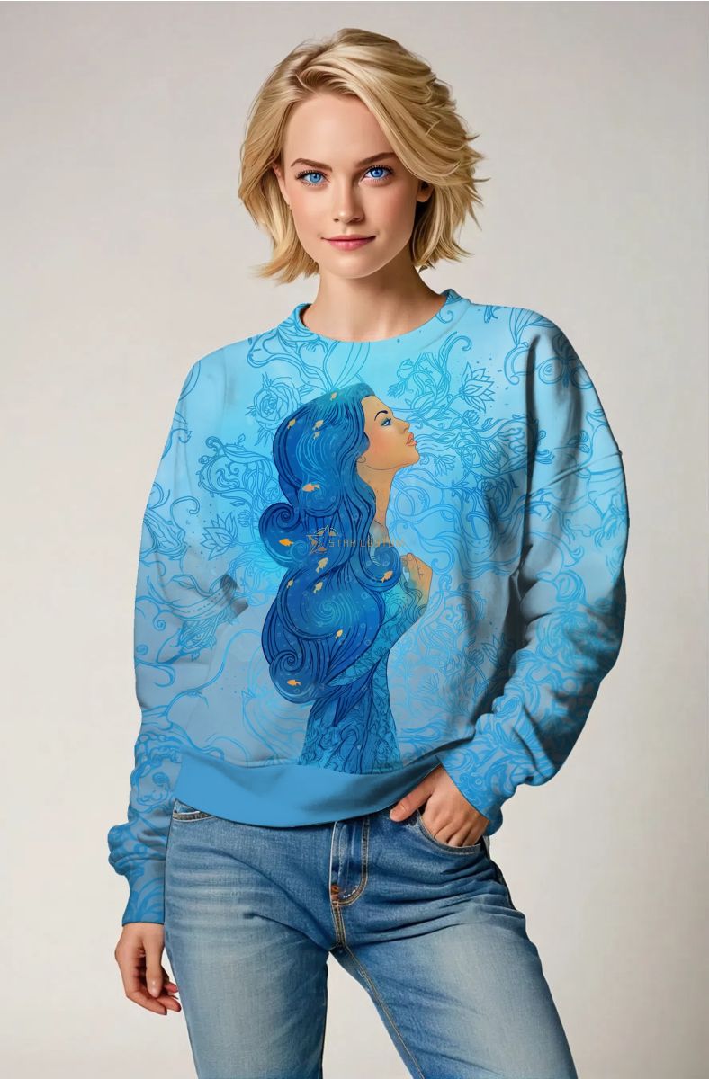Aquarius Guardian Helen Unisex Sweatshirt with Blue Goddess Hair Design