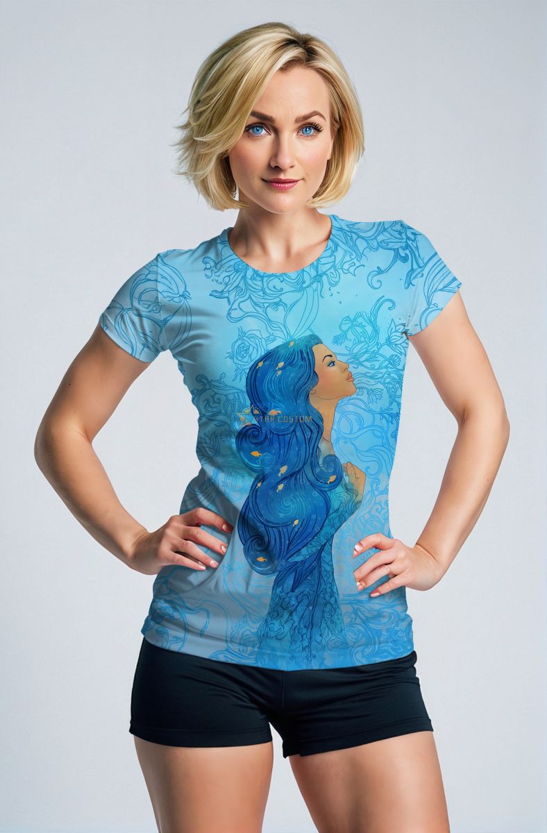 Aquarius Guardian Goddess Helen Unisex T-shirts with Blue Hair on Blue Background