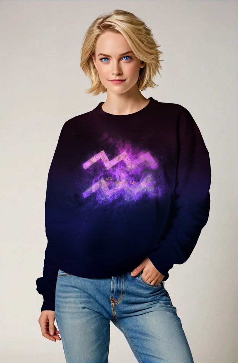 Aquarius Symbol Purple Sweatshirt with Deep Blue Background Unisex