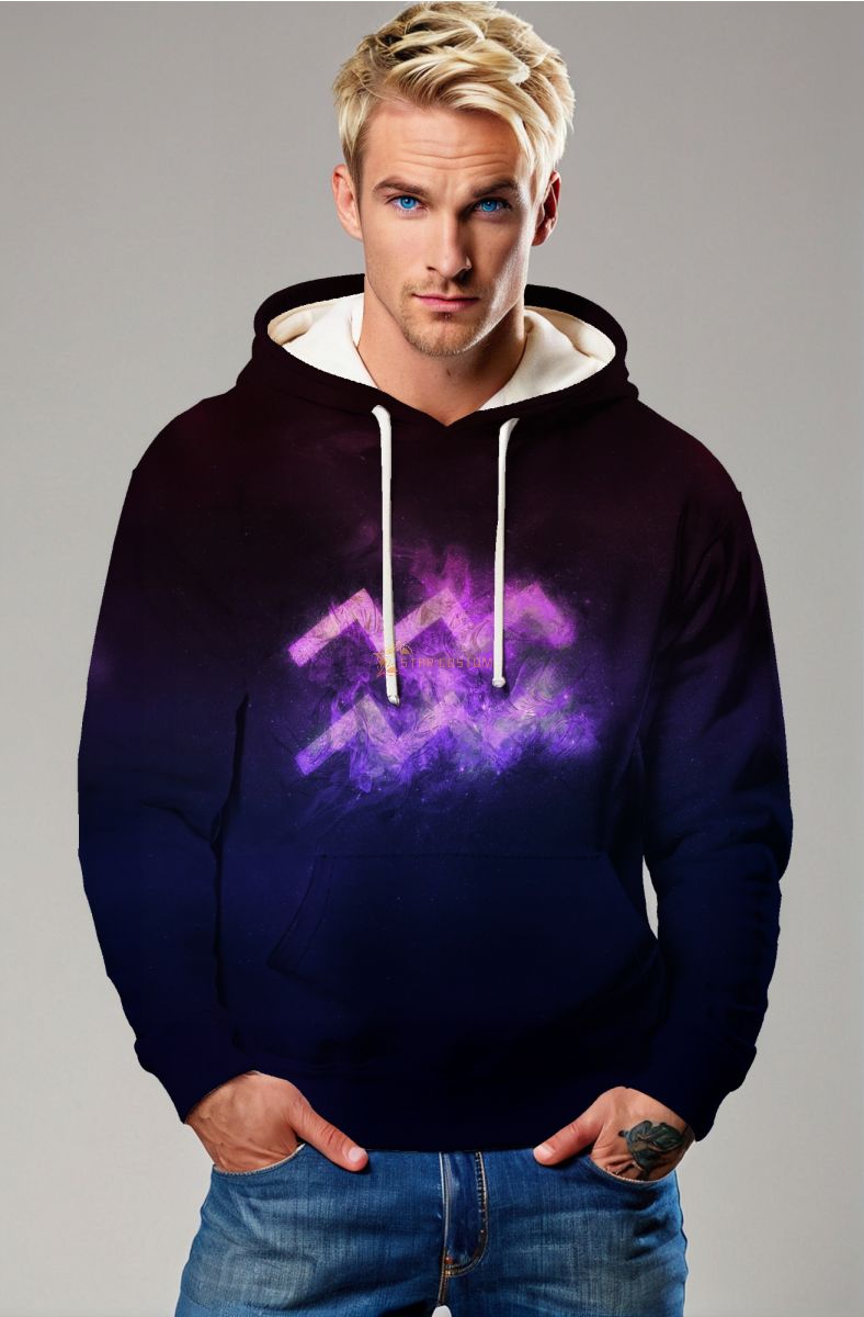 Unisex Aquarius Symbol Hoodie in Deep Blue with Purple Accents