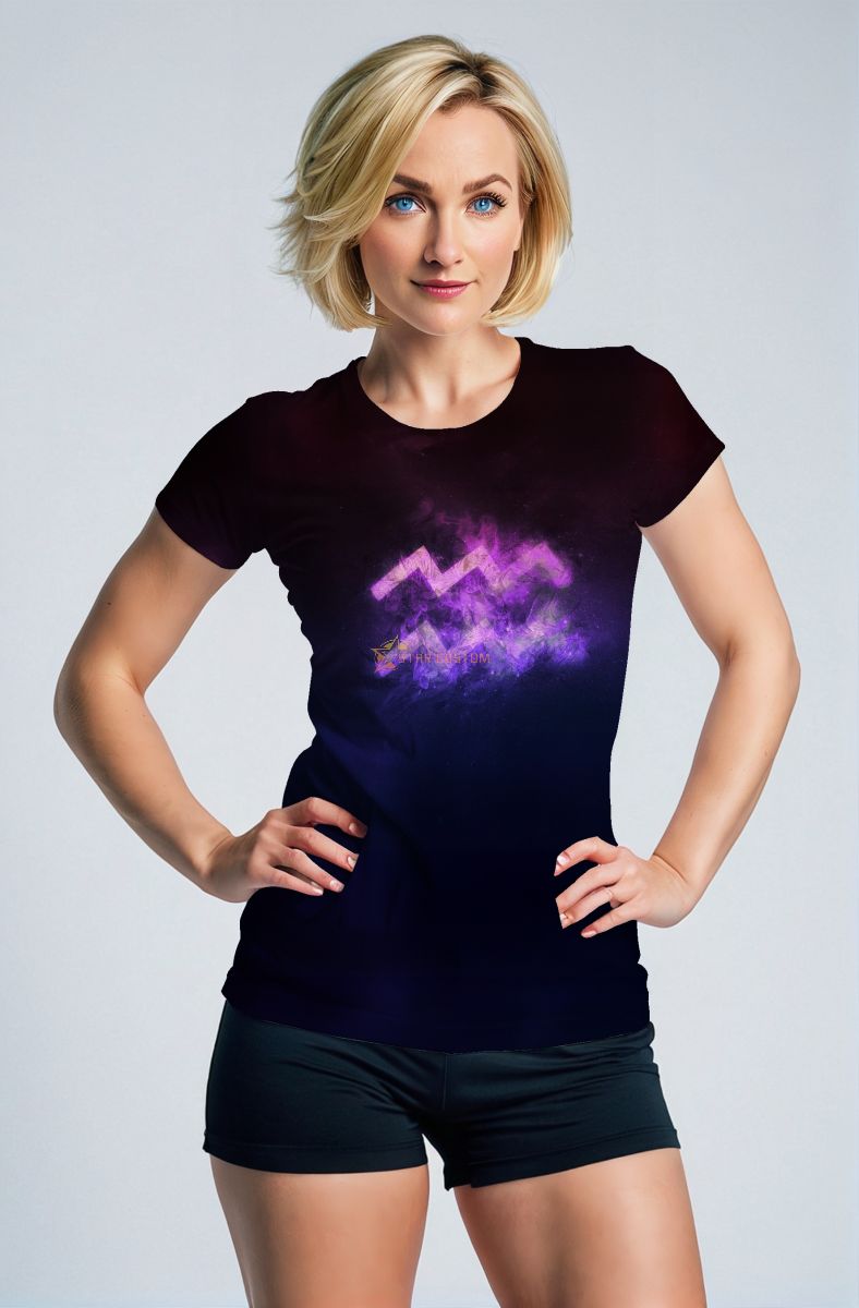 Aquarius Symbol Unisex T-Shirts in Purple on Deep Blue Background