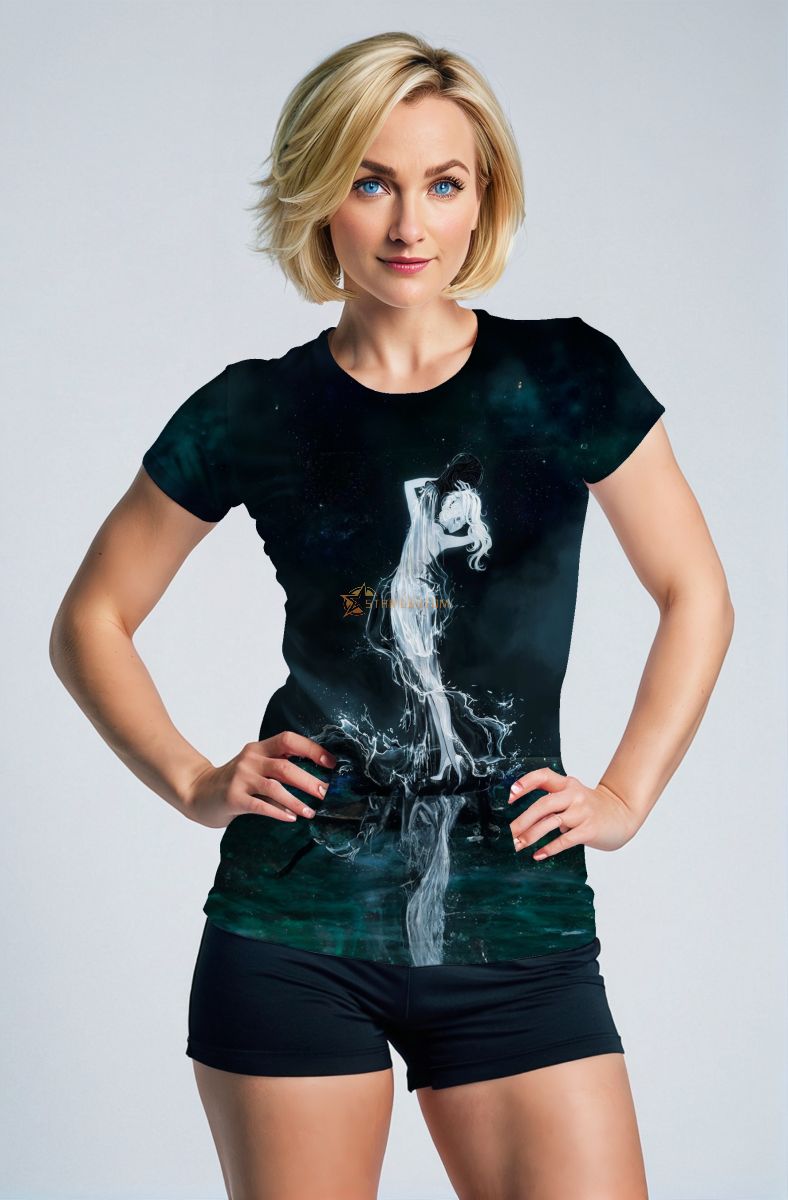 Aquarius Water Bearer Unisex Tees in Midnight Green with Dynamic Water Flow Imagery