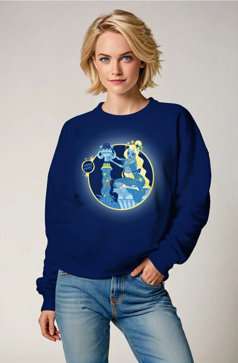 Aquarius Goddess Unisex Sweatshirt with Starry Water Flow Design in Blue