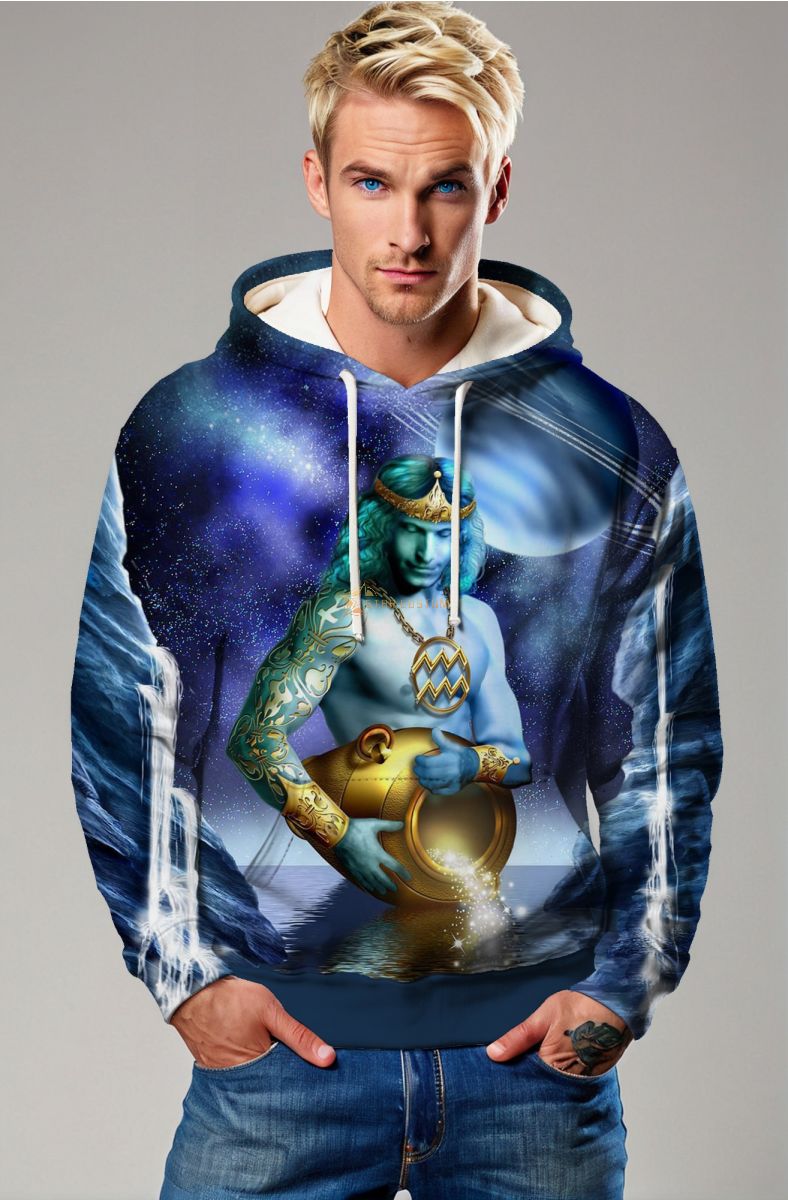 Astral Aquarius Uranus Guardian Unisex Hoodie in Blue with Twinkling Star Design