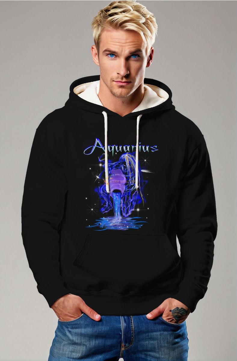 Aquarius Guardian Myth Hoodie in Neon Blue with Hand-Drawn Abstract Art and Starlit Water Pour Design Black