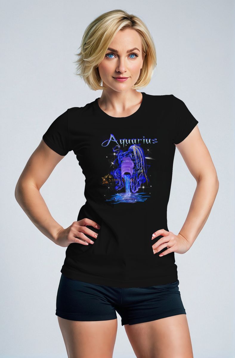 Aquarius Guardian Myth Unisex T-Shirts with Blue Neon Abstract Hand-Painted Design and Starlit Water Pouring Motif in Black