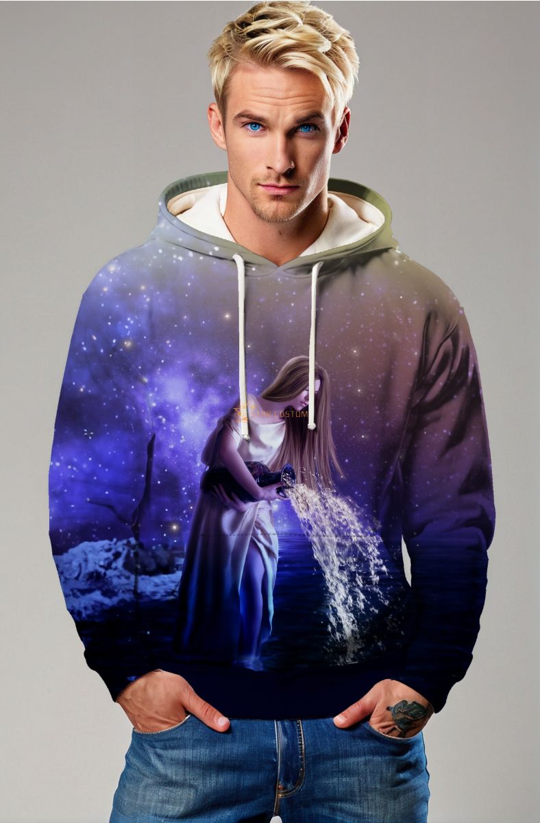 Aquarius Myth Waterbearer Unisex Hoodie in Purple Sky and Calm Sea Design