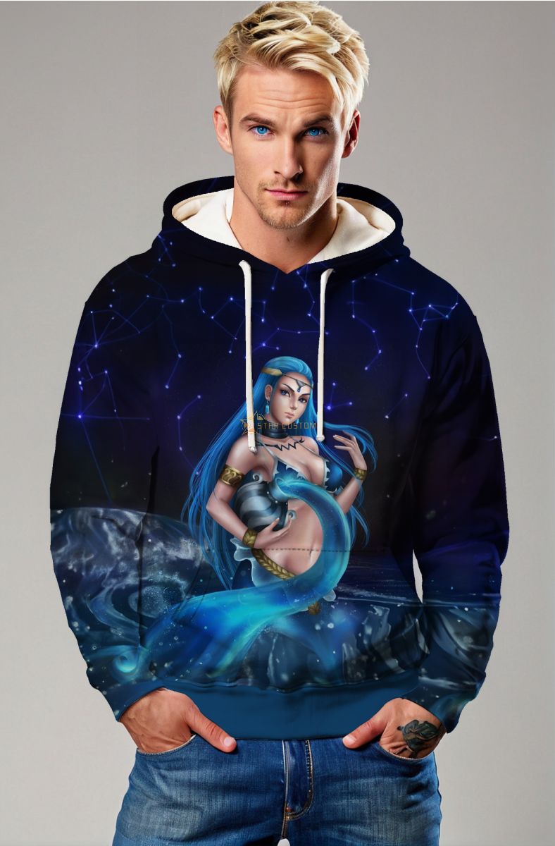 Aquarius Myth Hoodie in Midnight Blue with Purple Constellation Design