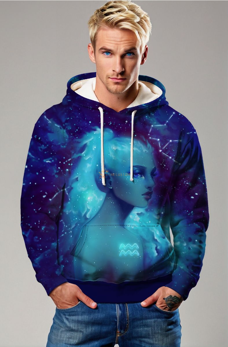 Aquarius Myth Helen Unisex Hoodies in Nebula Blue with Side Profile Design