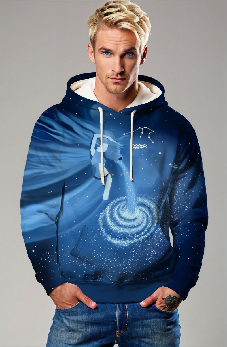 Athenian Aquarius Hoodie with Glittering Waterfall Design on Blue Night Sky
