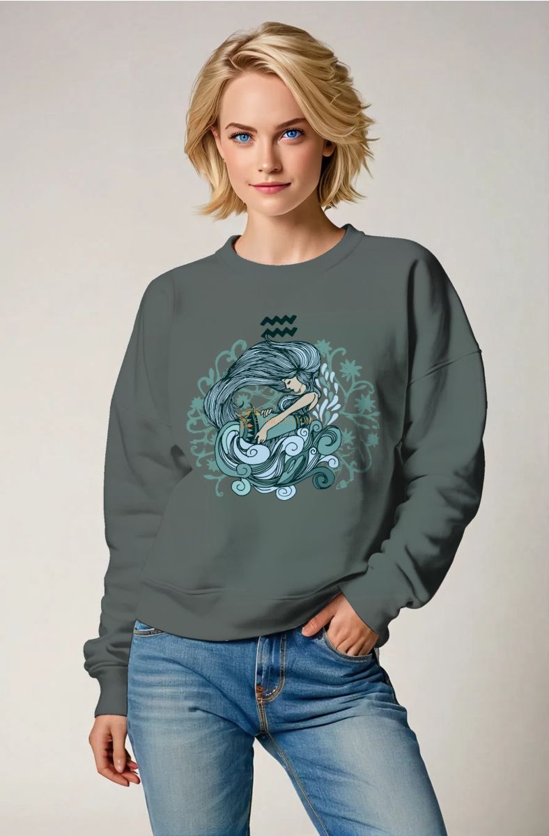 Aquarius Helen Cartoon Style Unisex Sweatshirt in Charcoal Green