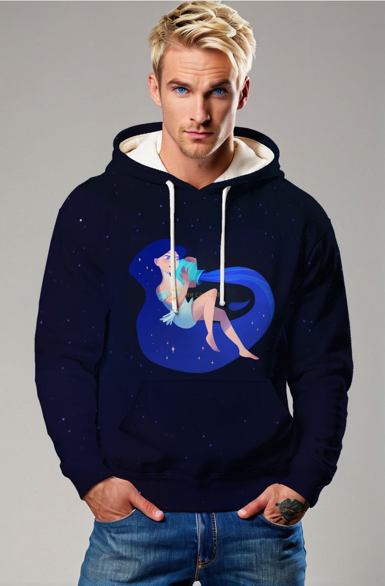 AquaBlue Hercules Unisex Hoodie with Hand-Drawn Cartoon Night Sky and Stars
