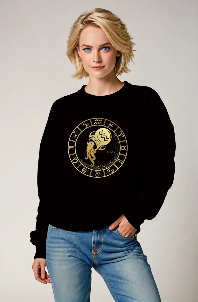 Aquarius Zodiac Wheel Unisex Black Sweatshirt with Gold Symbol
