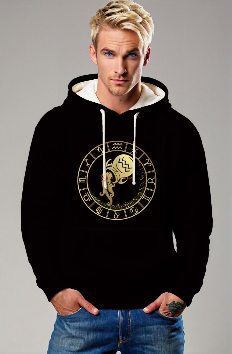 Aquarius Zodiac Wheel Unisex Black Hoodie with Gold Symbol