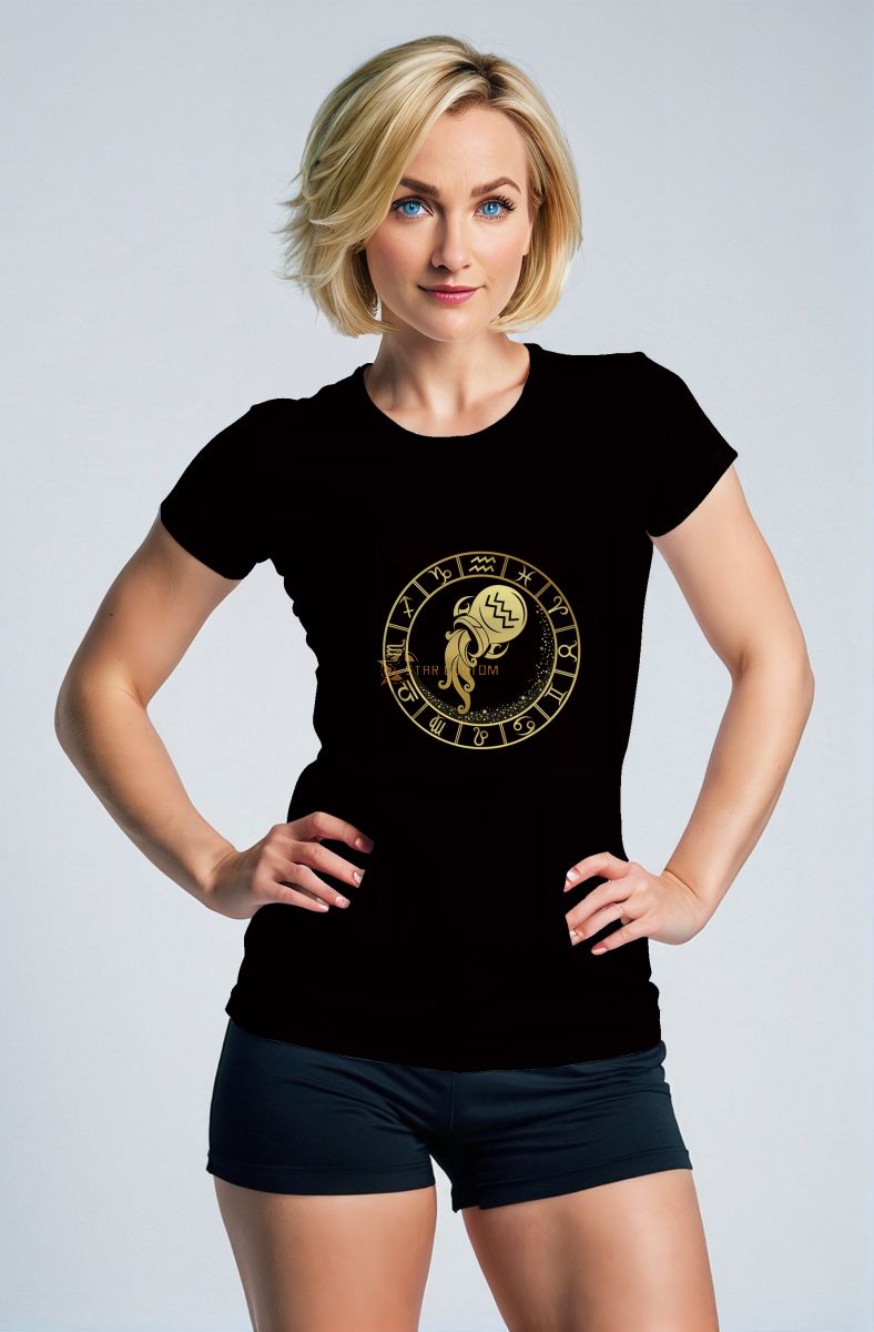 Aquarius Zodiac Wheel Black T-Shirt with Gold Symbol for Unisex