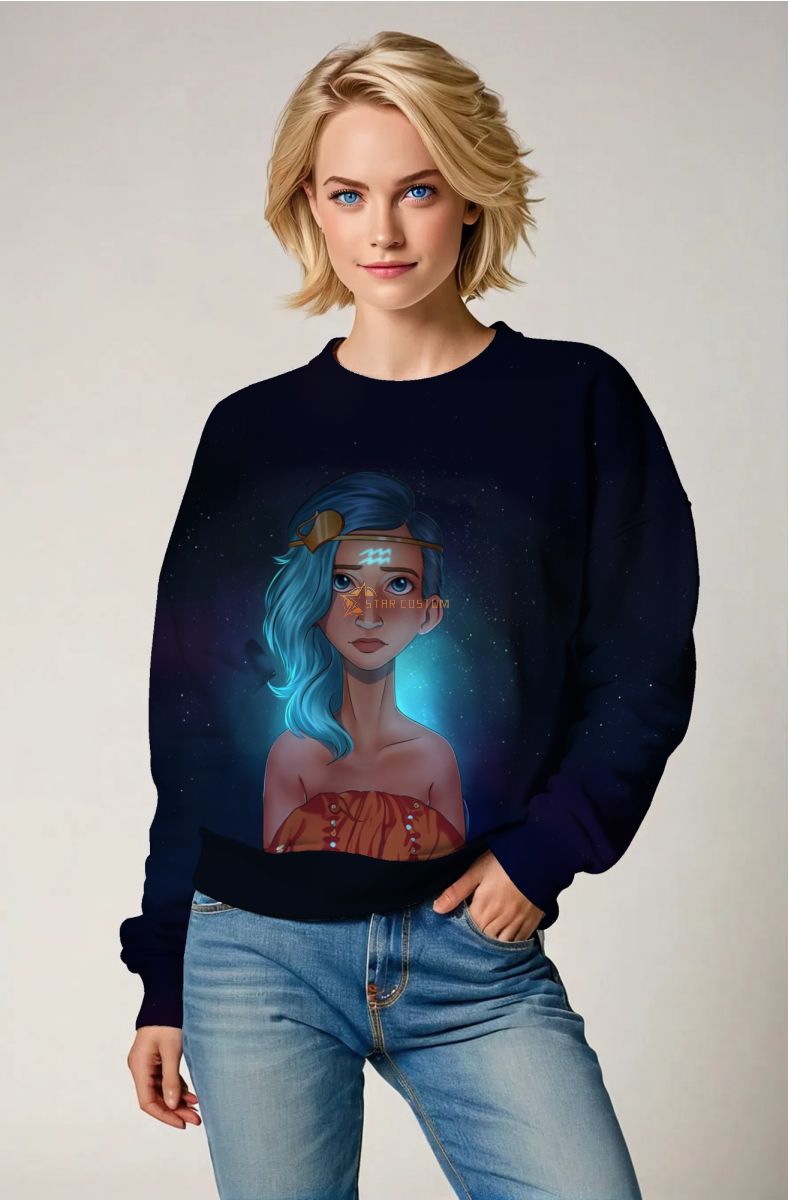 Helen Aquarius Goddess Unisex Sweatshirt with Light Blue Symbol on Blue Starry Sky Background