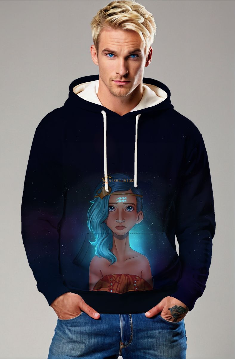 Helen Aquarius Goddess Unisex Hoodie with Light Blue Astrology Symbol on Blue Starry Sky Background