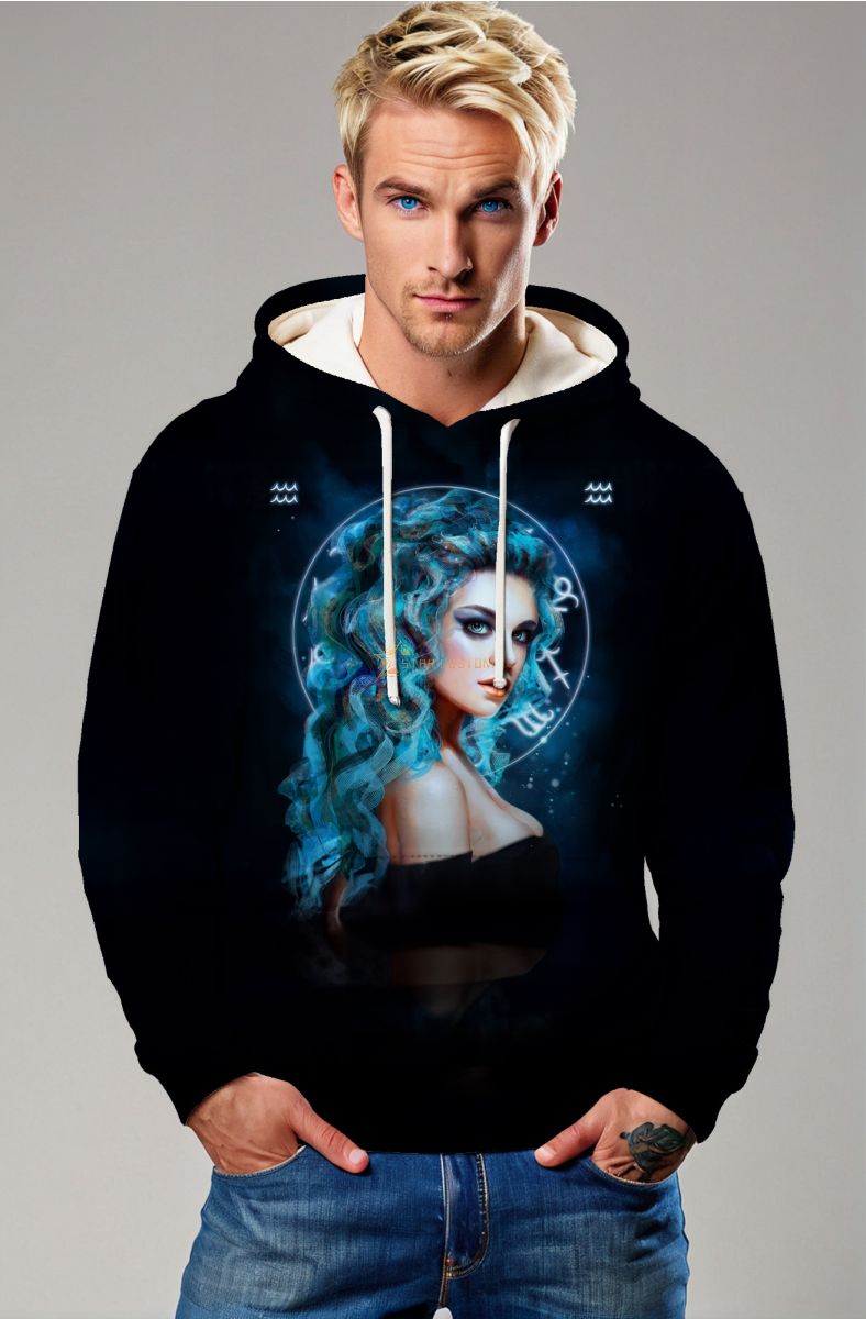 Aquarius Goddess Atlas Unisex Hoodies with Symbol Accents in Black