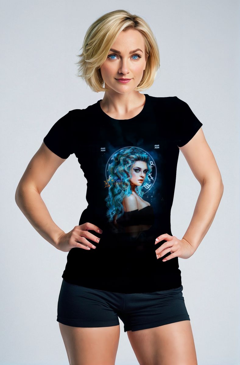 Aquarius Goddess Atlas Black T-Shirts with Symbolic Side Prints