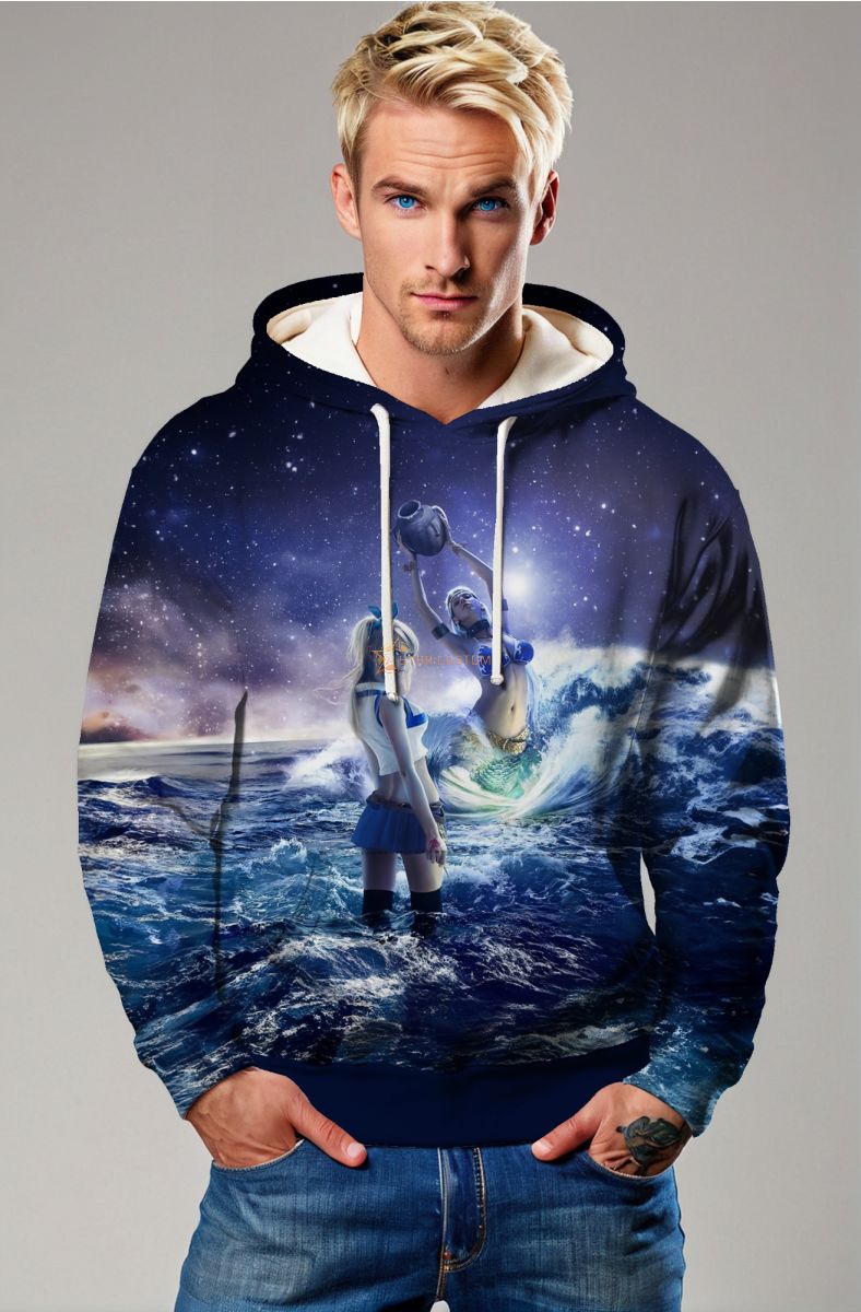 Aqua Myth Goddess Unisex Hoodie with Purple Starry Sea Design